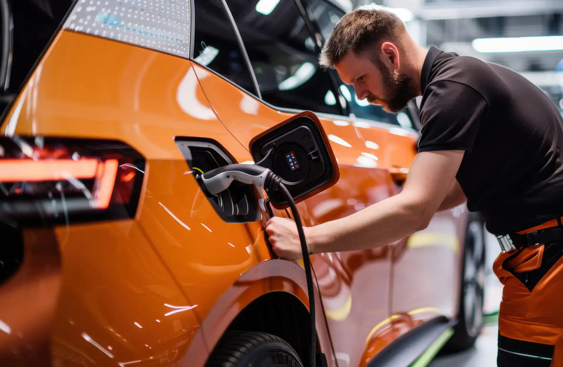 Electric vehicle charging station with a man plugging in an orange car.