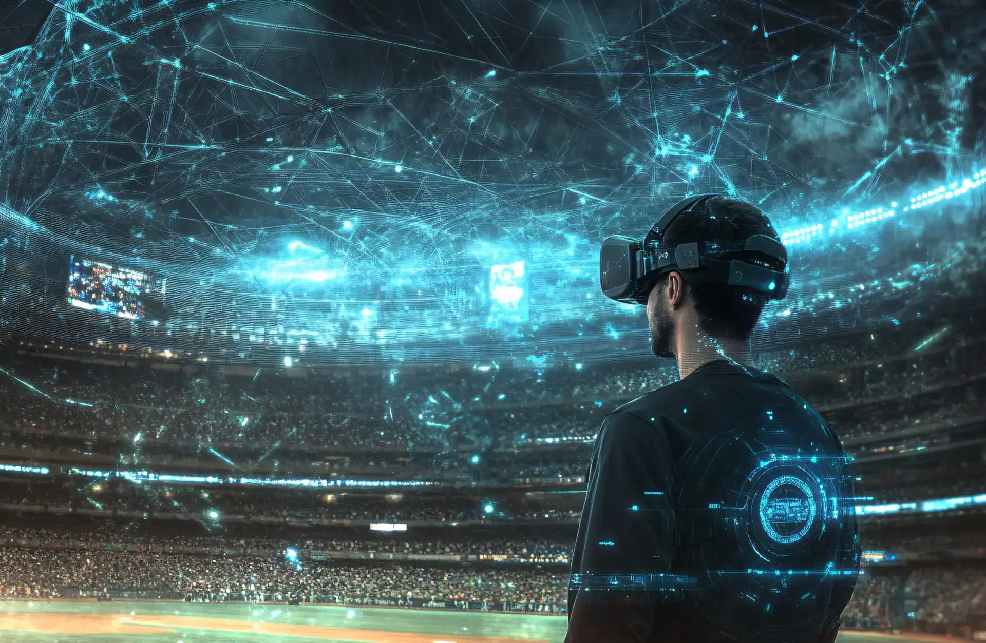 Man wearing VR headset in a high-tech sports stadium.