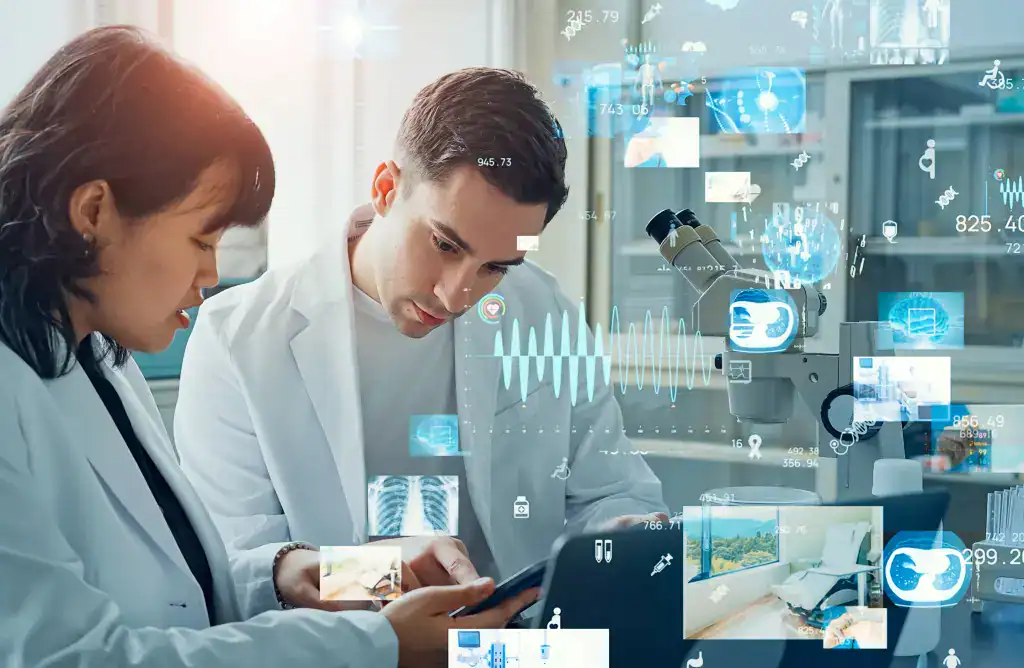 Medical researchers analyzing data with advanced technology in a lab.