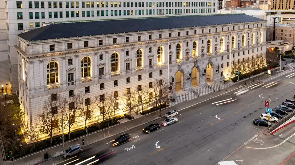 Aerial photos of the San Francisco Supreme Court building at twilight.